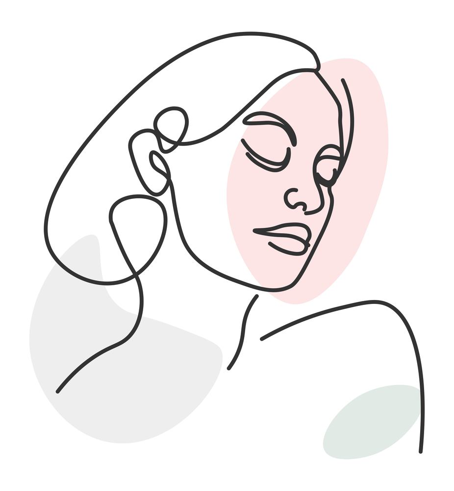 Fashionable young lady line art portrait, abstract picture of female character with closed eyes. Beauty salon or spa logotype. Minimalist drawing, sketch with watercolor blot. Vector in flat style. Portrait of fashionable woman, abstract line art