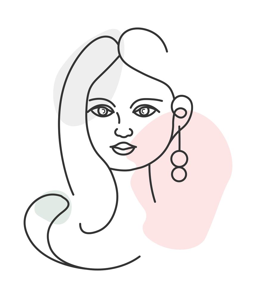 Female character portrait, isolated teenage girl with curly hairstyle and massive earring accessory. Contemporary trendy personage. Minimalist drawing, sketch with watercolor blot. Vector in flat. Abstract stylish woman portrait, line artwork