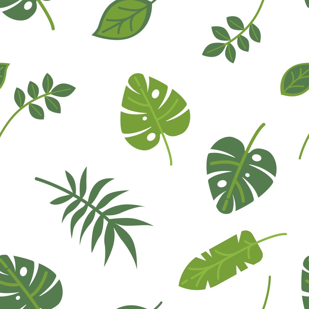Foliage and botany, monstera and fern, banana leaves and palm tree leafage. Ornaments and bunch of exotic decoration. Lush greenery and wilderness flowers. Seamless pattern, vector in flat style. Tropical leaves foliage, monstera and fern vector