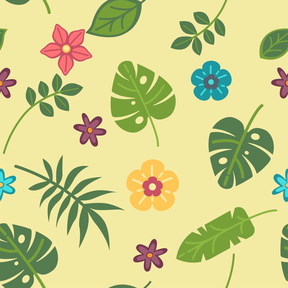 Exotic and tropical summer botany, leaves and foliage. Fern and monstera, blossom and flourish. Garden branches and decorative wallpaper or print for fabric. Seamless pattern, vector in flat style. Summer tropical and exotic leaves and flowers