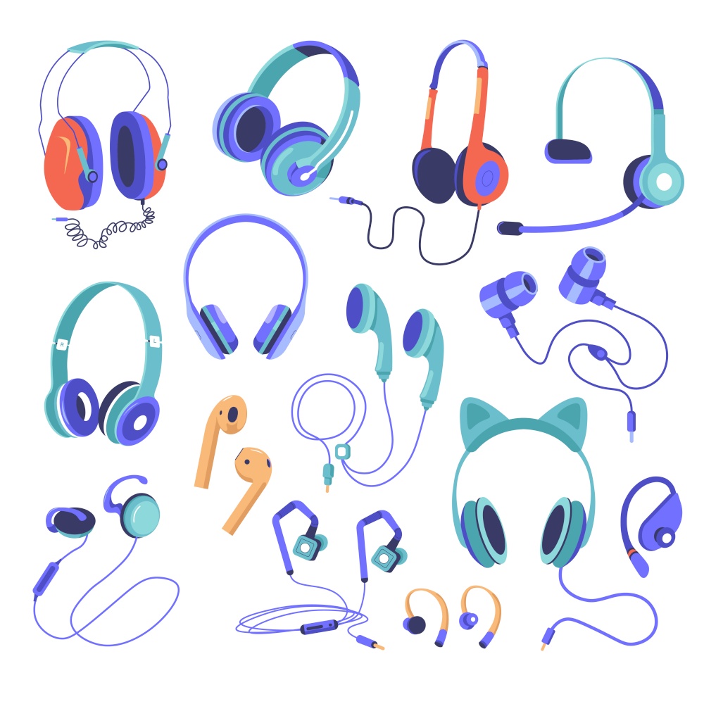 Variety of earphones and earbuds, isolated modern technology for listening music. Headset with microphone for studio entertainment, portable electronic device for fun activity. Vector in flat style. Earphones and earbuds set, wireless technology