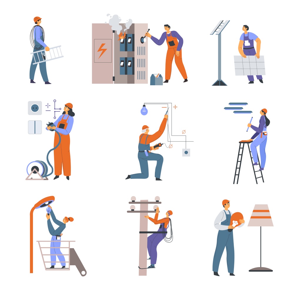 People working with electricity, municipal services. Electricians wear special uniforms and helmet. Engineers on construction site, installation or checking objects at street. Vector in flat style. Electrician people working with electricity fix