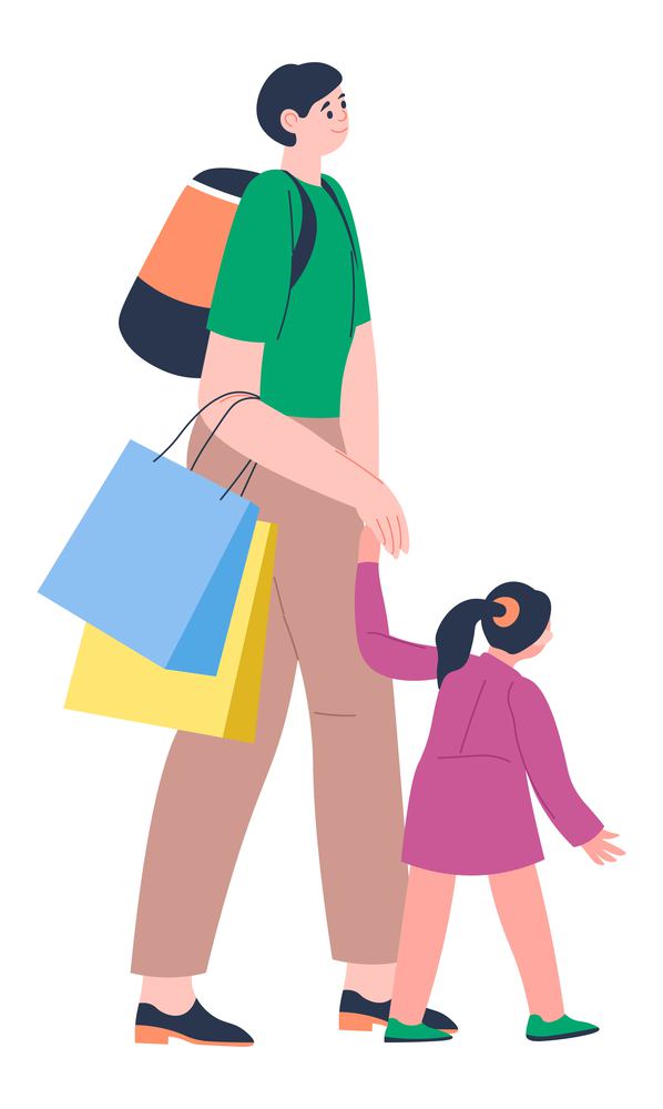 Family of father and daughter carrying bags from shops and stores. Isolated consumers, people on weekends or vacation at mall. Shopping activity, leisure time fun or hobby. Vector in flat style. Father and daughter shopping, man carrying bags