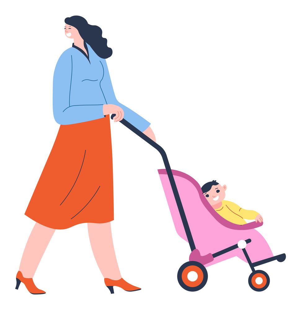 Female character with perambulator pushing stroller with kid. Isolated mother and baby, toddler and mom outdoors spending time outside. Motherhood and childhood leisure. Vector in flat style. Woman pushing perambulator with small child in it