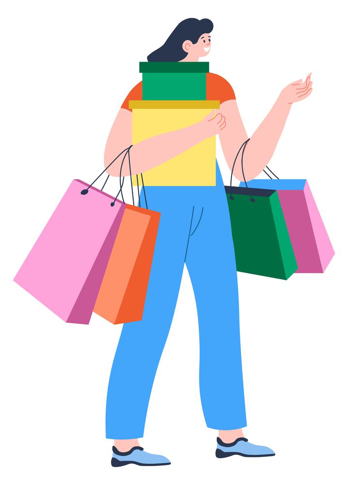 Female character carrying bags and boxes bought in shops and stores. Isolated woman returning from mall or supermarket with gifts. Shopping activity, leisure time fun or hobby. Vector in flat style. Woman with boxes and bags returning from shopping