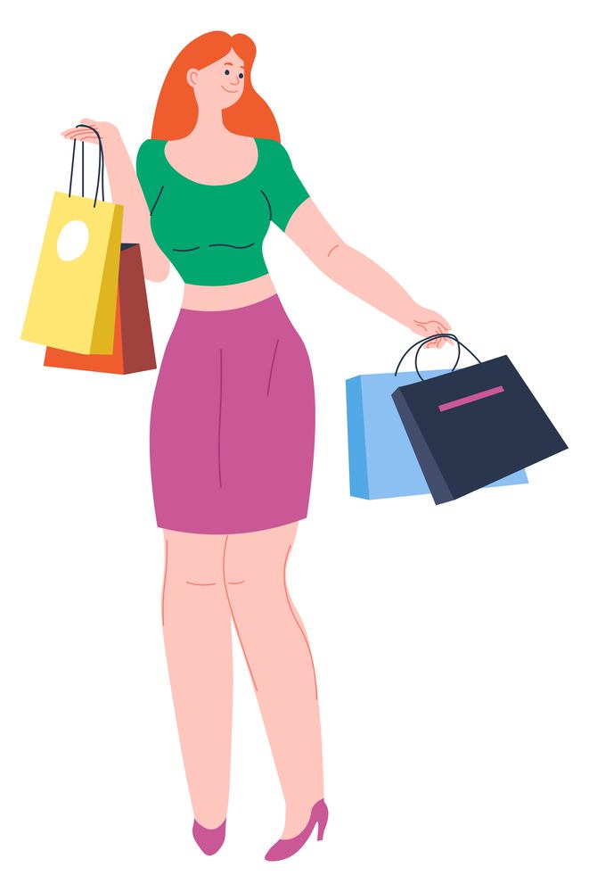 Fashionable and stylish female character carrying bags from shops and stores. Consumerism and purchase, clothes or presents. Shopping activity, leisure time fun or hobby. Vector in flat style. Glamorous woman with bags shopping hobby leisure
