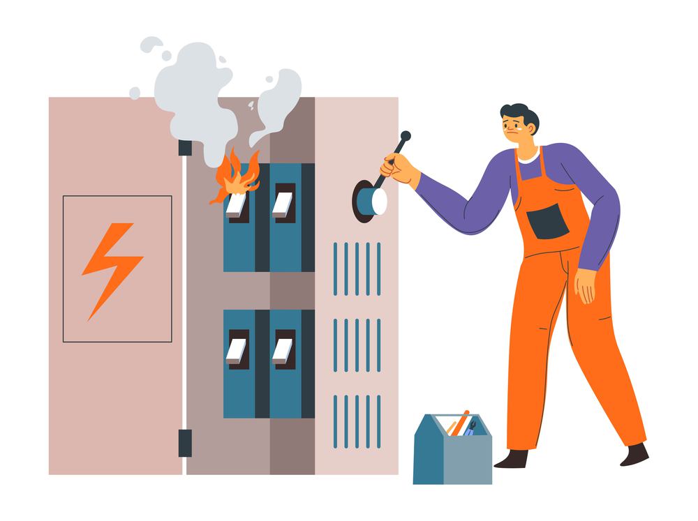 Male character in uniform working on power plant. Isolated electrician man fixing broken grid on fire. Maintenance and service for households, professional assistance and care. Vector in flat style. Electrician man working with electricity plant