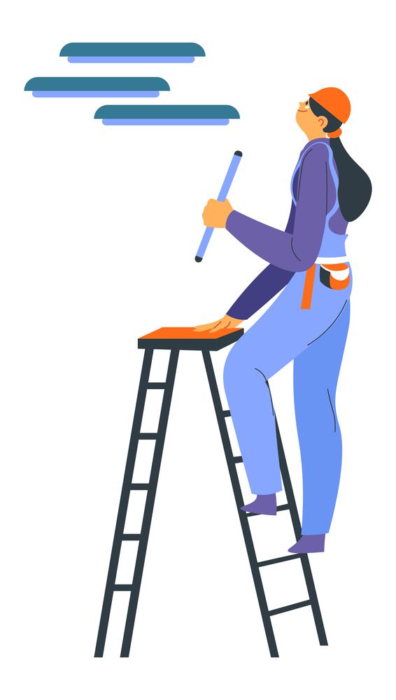 Woman working as electrician, isolated female character standing on ladder with instrument ready for fixing and maintenance. Lady wearing special protective uniform and helmet. Vector in flat style. Electrician woman working fixing and maintenance