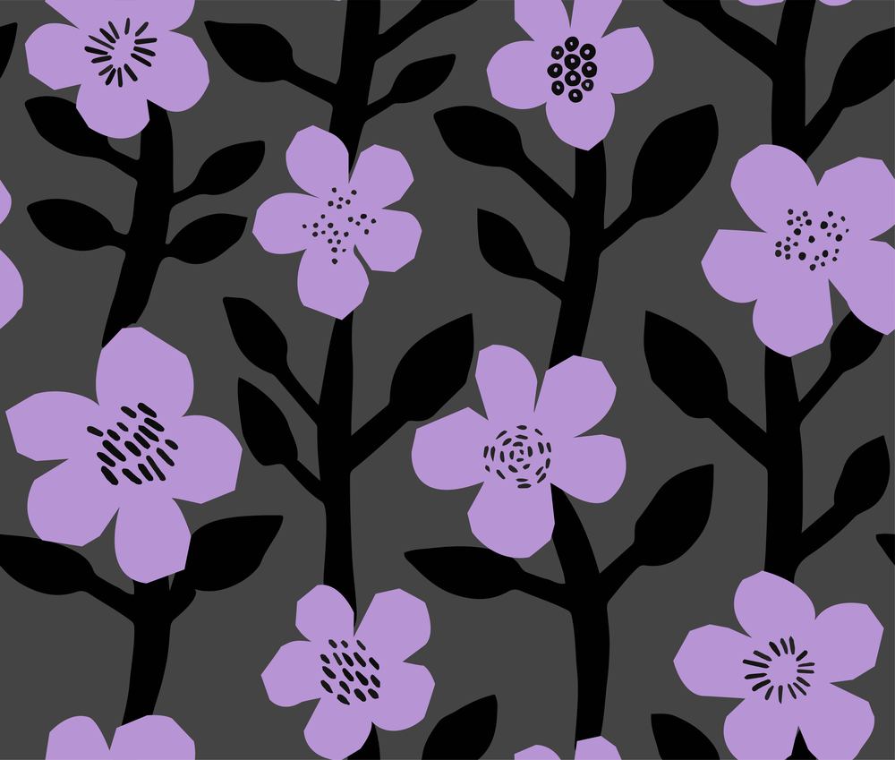 Cherry blossom or sakura foliage and flowers, floral composition design. Blooming plants, branch with decorative ornaments. Seamless pattern, wallpaper or print background. Vector in flat style. Blooming flowers, cherry blossom on twigs pattern