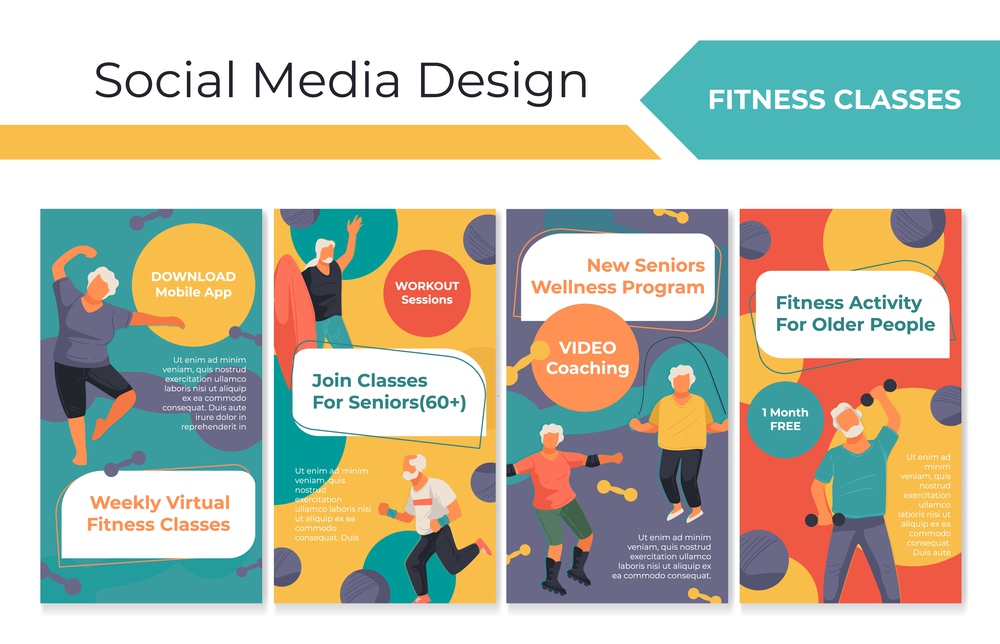 Network set with senior fitness class promotion. Social media collection with flat pensioner 60s people character, vector illustration. Wellness program for old man woman online advertising. Network set with senior fitness class promotion