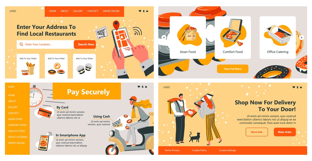 Landing page set with food delivery service offer. Man woman character at web banner collection, vector illustration. Find local restaurant online promo at website design. Landing page set with food delivery service offer