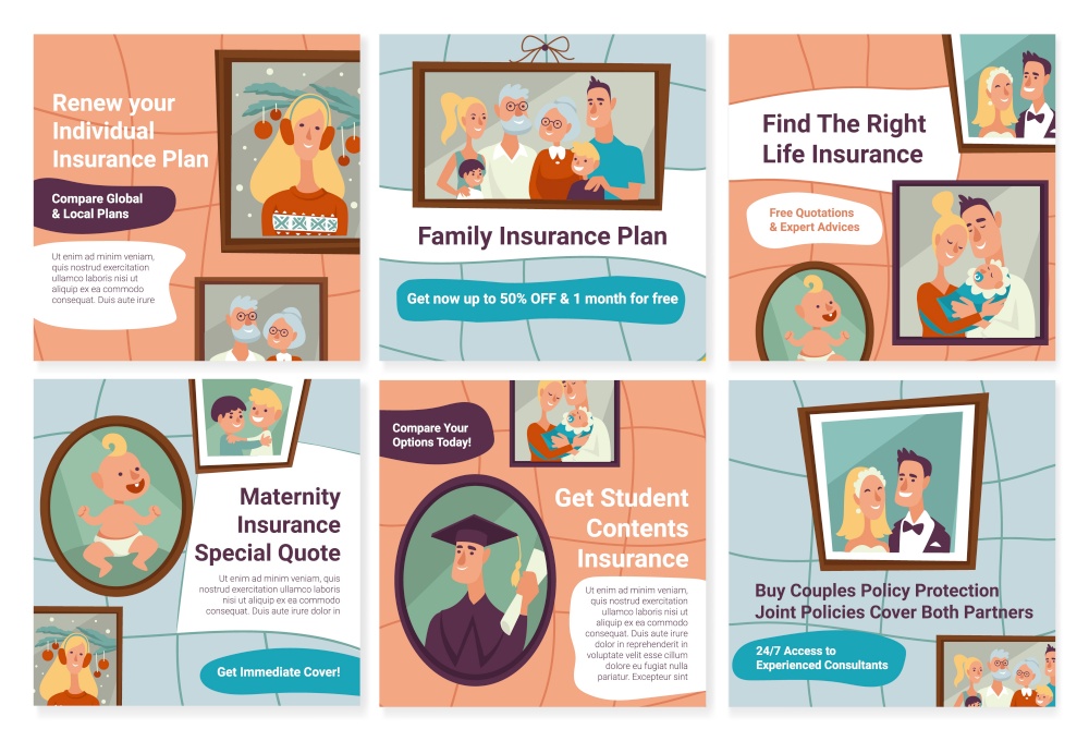 Social media set with post, insurance plan offer. Frame with family portraits, man woman character with policy protection, vector illustration. Network collection with life protection service promo. Social media set with post, insurance plan offer