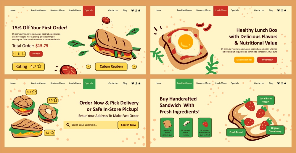Order sandwich online, restaurant web page set. Buy handcrafted food at website landing banner collection, vector illustration. Flat product at delivery service, special offer with discount. Order sandwich online, restaurant web page set