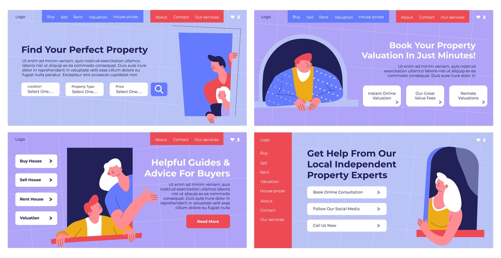 Property agency service website banner set. Buy home online with independent experts help, landing page collection, vector illustration. Man woman character look for real estate valuation. Property agency service website banner set