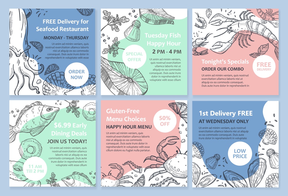 Seafood offer for restaurant, social media post set. Hand drawn product element at advertising collection. Free delivery, happy hour, tonight special combo offer for fish, shrimp, vector illustration. Seafood offer for restaurant, social media post set
