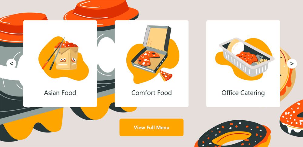 Menu of restaurant or cafe offering comfort food and asian meal packs. Office catering and service for home, delivery of dishes. Website landing page template, online site. Vector in flat style. Office catering and comfort food service delivery
