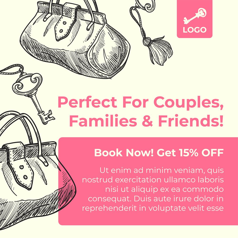 Perfect for couples and families, friends and traveling visitors. Book hotel room now with sale and discounted price. Accommodation advertisement and marketing banner or poster. Vector in flat style. Book hotel room now, perfect for coupels families