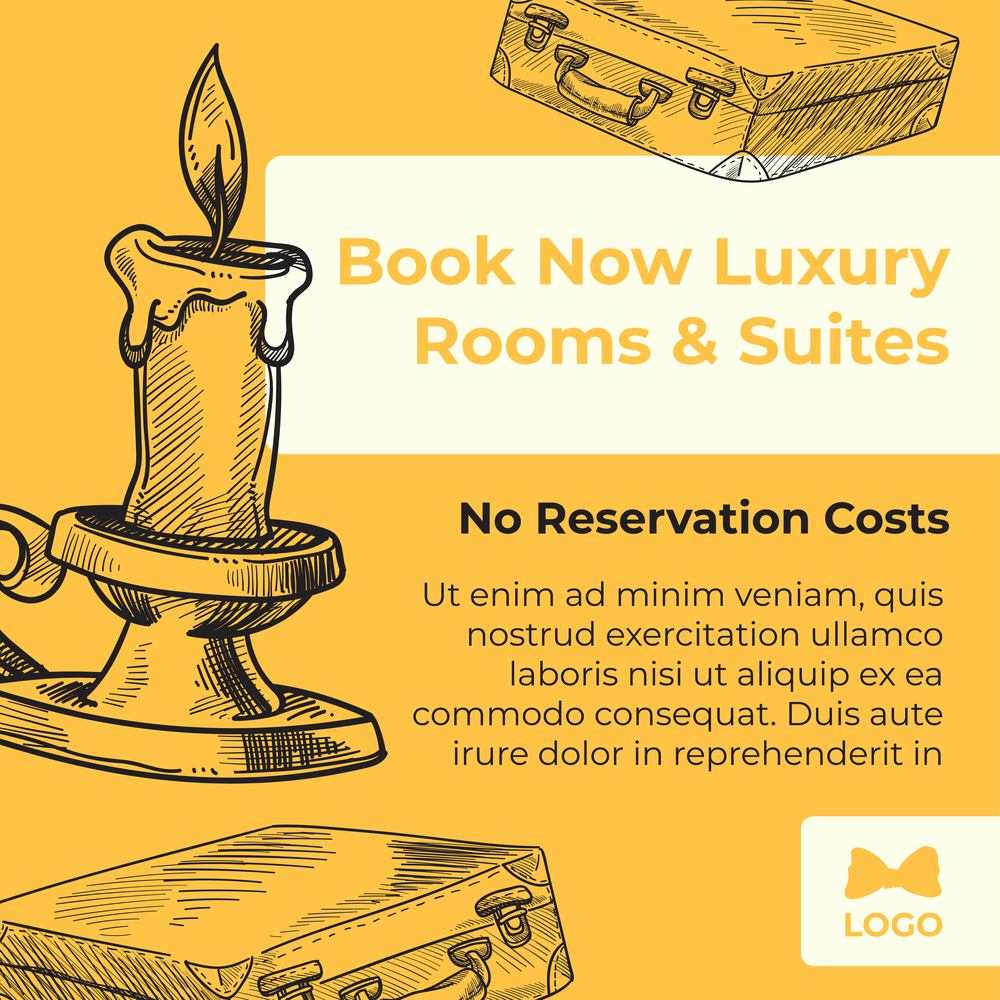 Luxury rooms and suites, book perfect hotel accommodation now. No reservation costs, discounts and special prices for clients. Advertising and marketing banner or poster. Vector in flat style. Book now luxury rooms and suites for staying web