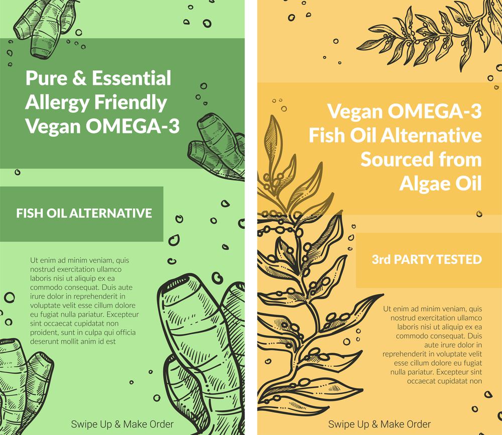 Dietary supplements and fish oil alternatives for vegetarians and vegans. Omega 3 vitamins, pure and essential part of nourishment and dieting. Tested and certified product, vector in flat style. Pure an essential vegan omega 3 algae oil set