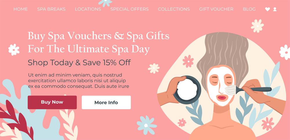 Buy spa vouchers and gifts for treatment and relaxation. Shop today and get 15 off price discount, reduction of cost for clients. Website landing page template, online site. Vector in flat style. Buy spa vouchers and gifts for day, discount web