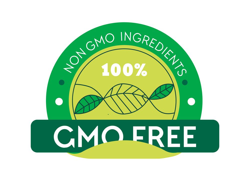 Ecological and bio products, non gmo ingredients for consumption. No genetically modified meal for nourishment. Badge or stamp. Isolated sticker or logotype, emblem or label. Vector in flat style. Non GMO ingredients, label or emblem for package