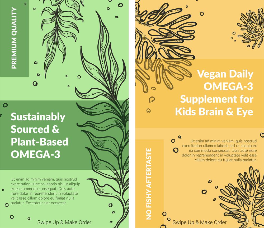 Vegan daily omega 3 supplement for kids brain and eyes health. Plant based food for nourishment and vitamins, sustainably sourced ingredients. Monochrome sketch outline, vector in flat style. Plant based omega 3 dietary supplement meal set
