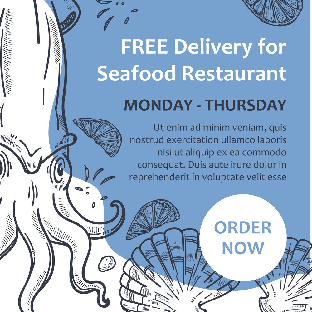 Seafood delivery, order now. Tasty and nutritious meal, seaweed and octopus meal. Free service for restaurants and cafes. Discounts and sales. Monochrome sketch outline, vector in flat style. Free delivery for seafood restaurants, order now