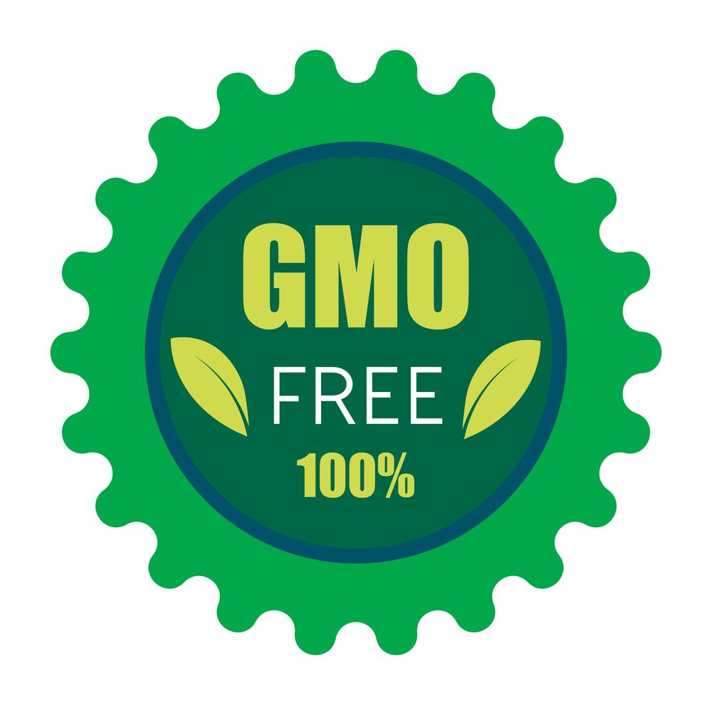Free from genetically modified products and ingredients, on gmo meal and food. Ecologically and bio production, seal of guarantee. Isolated sticker or logotype, emblem or label. Vector in flat style. Non GMO, free from genetically modified product