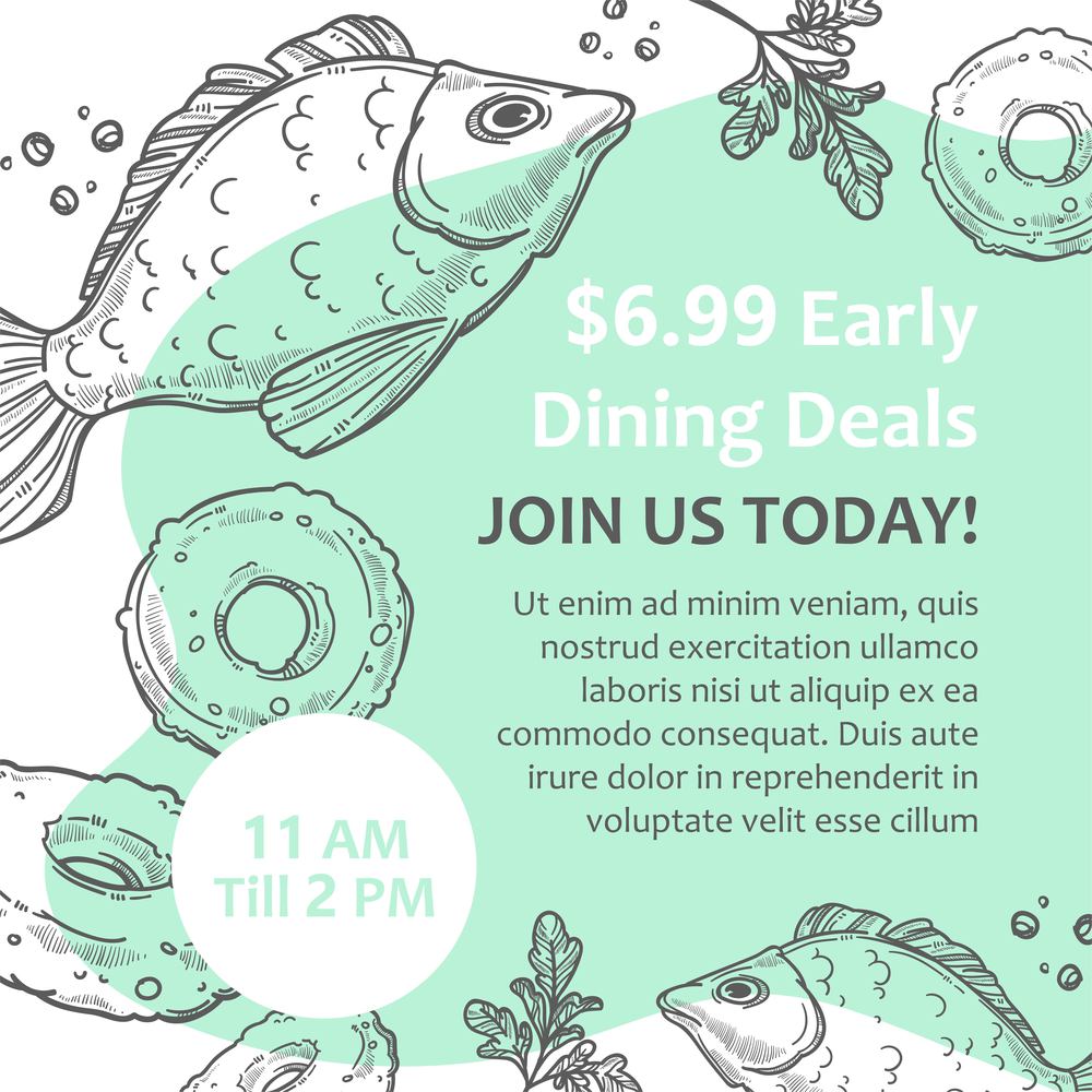 Dining deals sales and discounts in shop or restaurants. Join us today. Advertisement for store or bistro with seafood dishes. Fish and donut. Monochrome sketch outline, vector in flat style. Early dining deals, restaurant discounts vector
