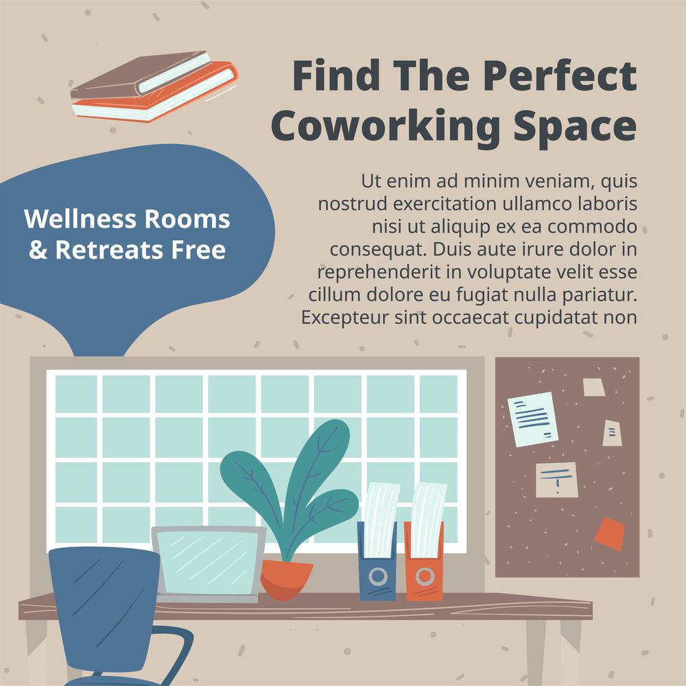 Wellness rooms and retreats free, find perfect coworking place for your employees. Workers office with desks and gadgets, furniture and decorations. Place for working in team. Vector in flat style. Find perfect coworking space, office for employees