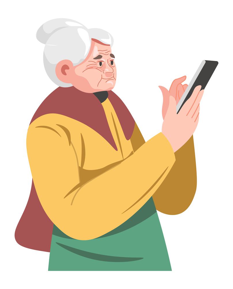 Senior female character using smartphone for entertainment. Elderly lady with mobile phone, touching screen. Grandmother with modern device. Granny leisure time and rest. Vector in flat style. Grandmother using smartphone senior lady and phone