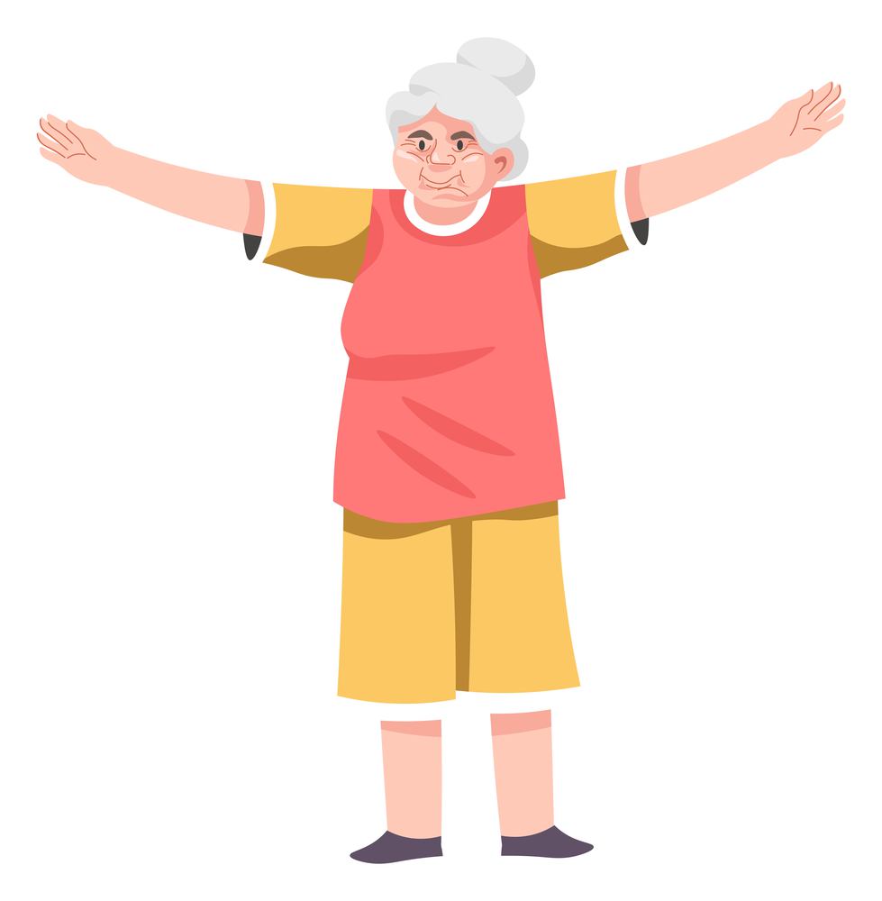 Elderly female character doing sports and exercises for strengthening of body and muscles. Woman wearing uniform stretching, aerobics or fitness. Granny leisure time and rest. Vector in flat style. Grandmother working out doing exercises for health