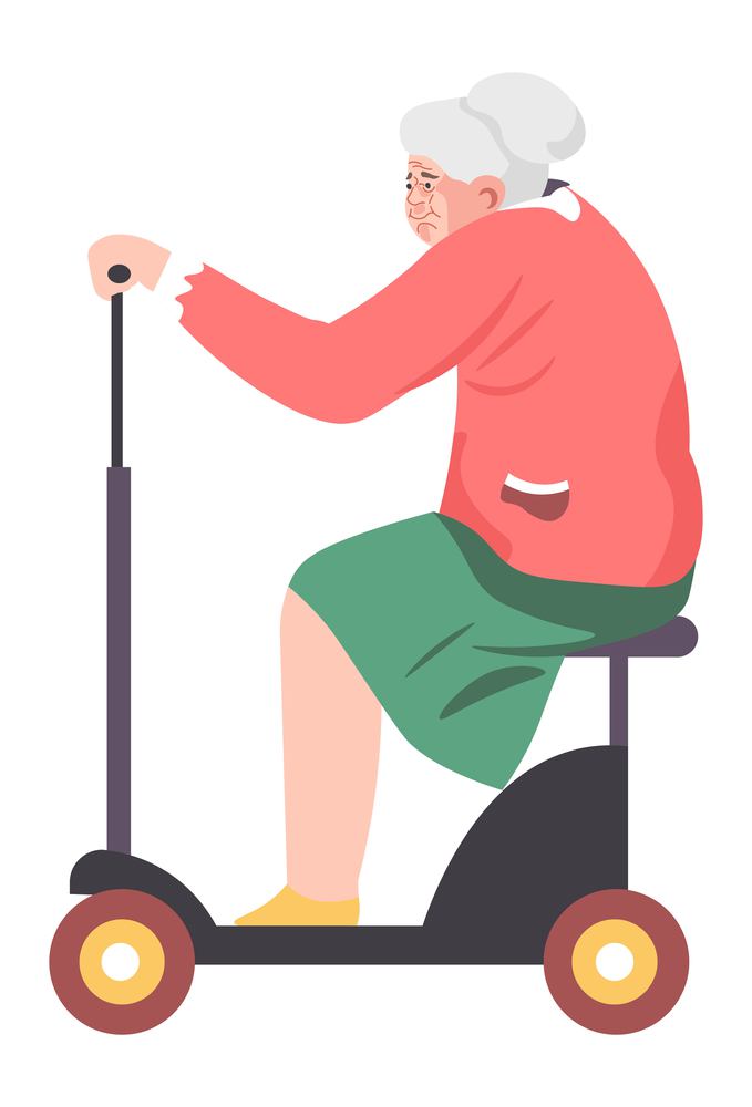 Female character riding modern electric scooter, traveling or commuting. Ecologically friendly transport, pensioner old lady having fun at road. Granny leisure time and rest. Vector in flat style. Grandmother riding modern scooter, funny lady