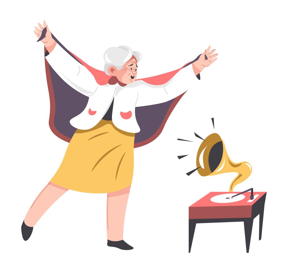 Senior person listening to gramophone, dancing woman with blanket on shoulders. Pensioner having fun, relaxation and active lifestyle of lady. Granny leisure time and rest. Vector in flat style. Grandmother dancing and listening to gramophone
