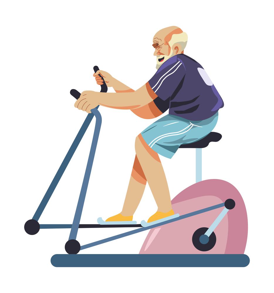 Sportive senior man doing exercises and sports in gym, bike for cardio strengthening. Grandfather hobby and leisure time, recreation of pensioner. Grandpa lifestyle and rest. Vector in flat style. Grandpa doing exercises and sports on bike in gym
