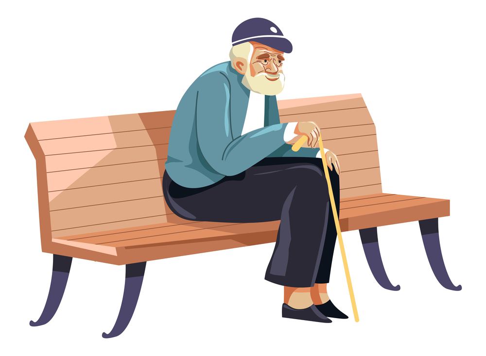 Senior male character sitting on wooden bench in park, isolated grandfather with walking stick in hand enjoying outside fresh air. Leisure and relax. Grandpa lifestyle and rest. Vector in flat style. Grandpa sitting on bench with walking stick vector
