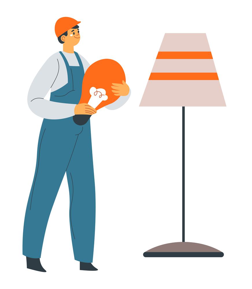Male character wearing uniform and helmet holding bulb fixing lights of lamp. Isolated electrician at work, professional worker doing installation or repairing, maintenance. Vector in flat style. Electrician man with light bulb fixing lights
