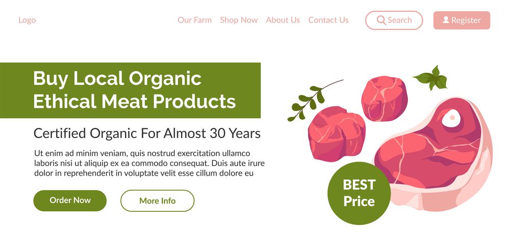 Certified organic meat products with no impact on environment. Vegan and vegetarian meal substitutes, plant based ingredients. Website landing page, online web page template. Vector in flat style. Buy local organic ethical meat products website
