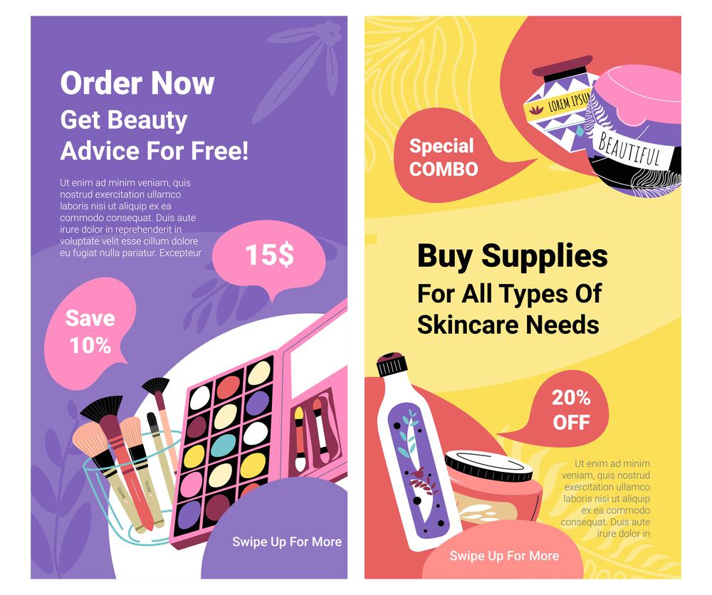 Order now, get beauty advice for free, buy supplies for all types of skincare needs. Cosmetics and palettes, lotions and gels. Promotional banner, poster with advertisement. Vector in flat style. Buy supplies for all skin types, cosmetics ads