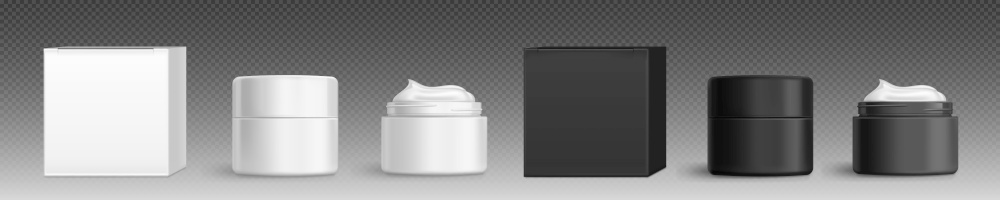 Cream jar, cosmetics package and boxes mock up. Skin care cosmetic tubes, beauty product packs, black and white makeup containers with screw caps, Realistic 3d vector design, isolated mockup set. Cream jar, cosmetics package and boxes mock up set
