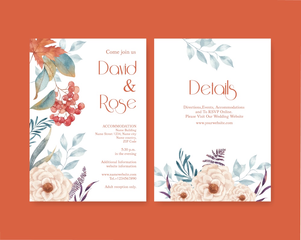 Wedding card template with rustic fall foliage concept,watercolor style