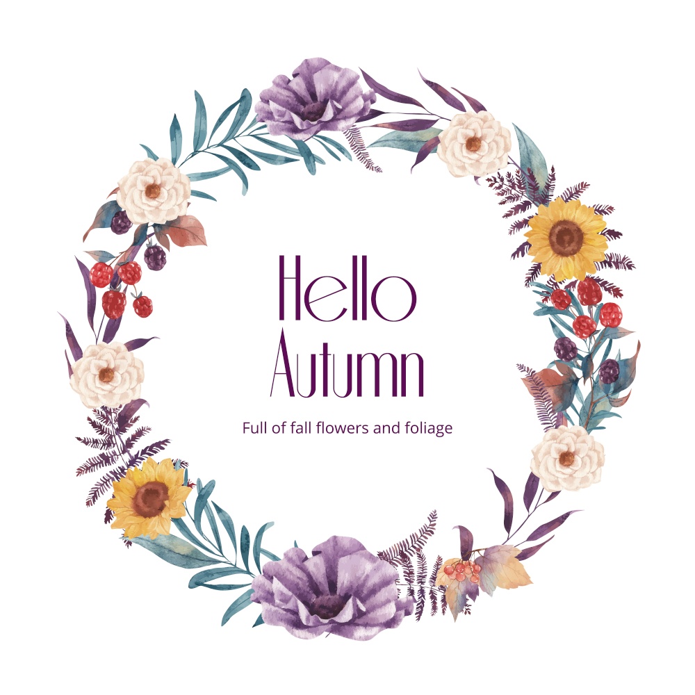 Wreath template with rustic fall foliage concept,watercolor style