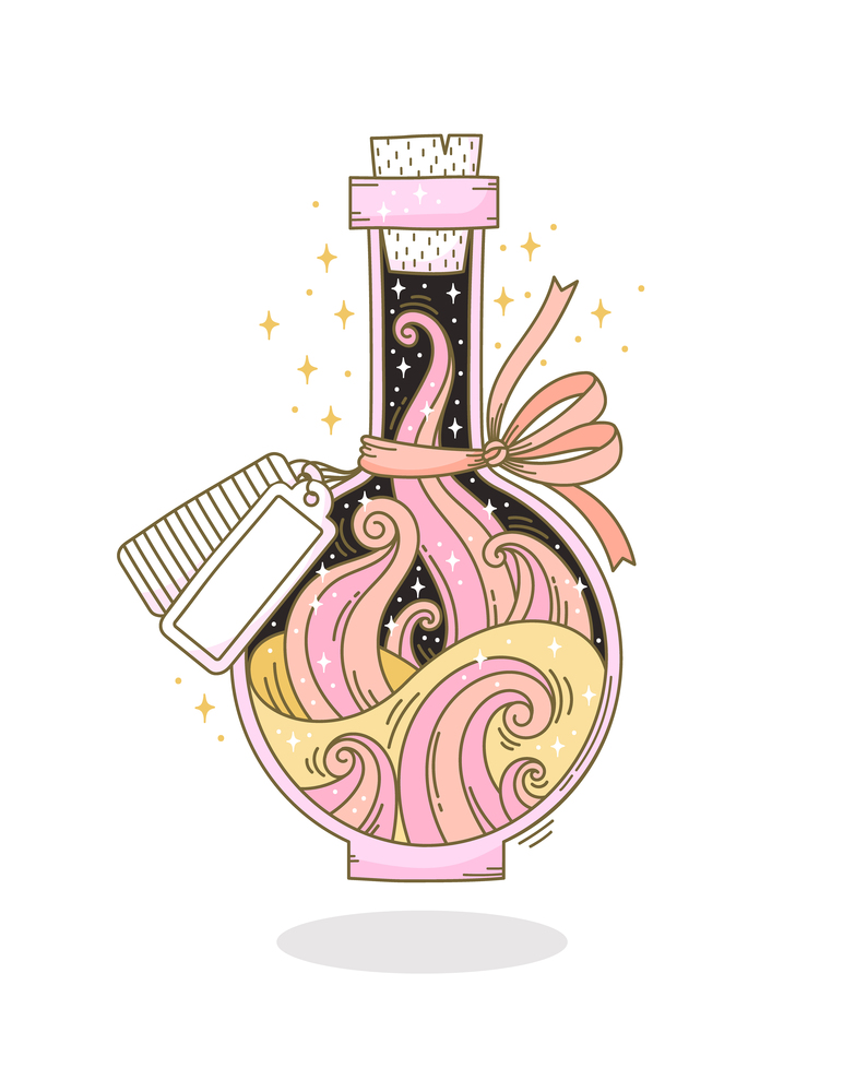 Hand drawn bottle with magic potion in fantasy style on white background. Doodle vector illustration of vial with occult objects like swirl liquid and ribbon tied tag