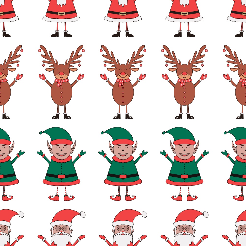 Christmas seamless pattern made from Santa Claus, Elf and Deer characters isolated on white background.. Christmas seamless pattern made from Santa Claus, Elf and Deer characters on white background.