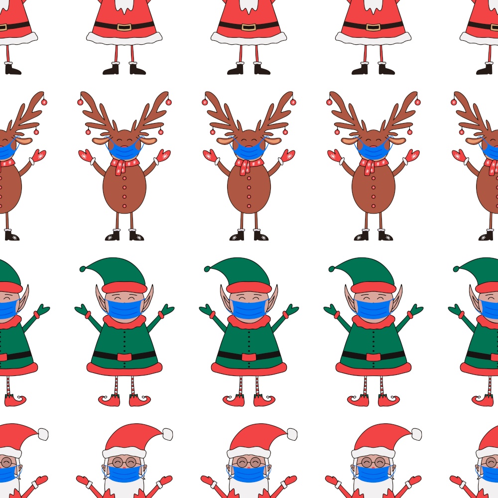 Christmas seamless pattern made from Santa Claus, Elf and Deer characters in medical masks isolated on white background.. Christmas seamless pattern made from Santa Claus, Elf and Deer characters in medical masks on white background.