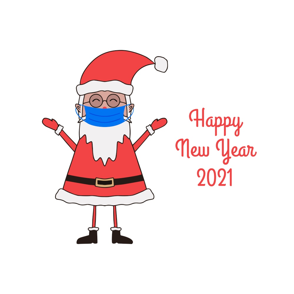 Happy New Year greeting card with cute Santa Claus in medical mask on a white background.. Happy New Year greeting card with cute Santa Claus in medical mask on white background.