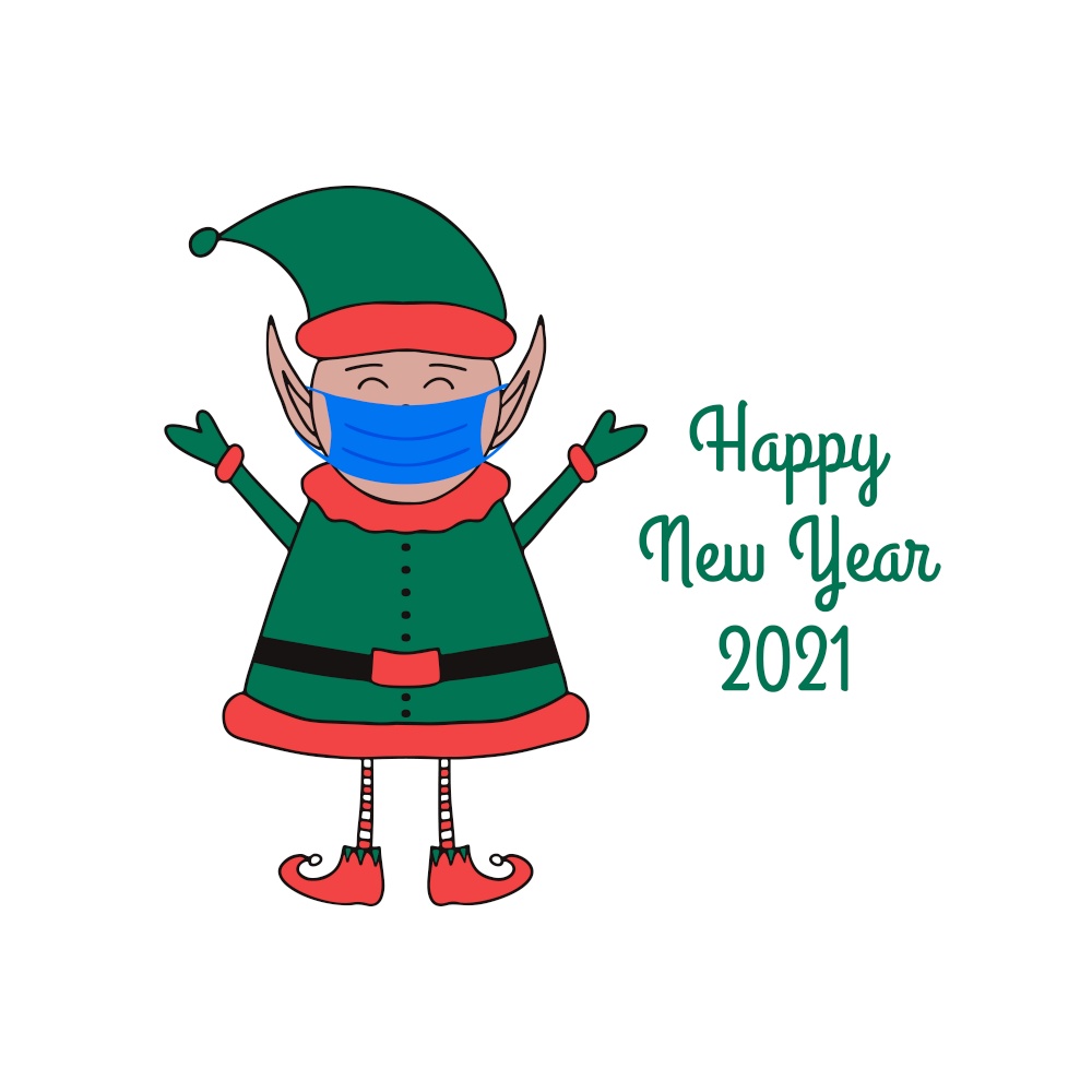 Happy New Year greeting card with cute Elf in medical mask on a white background.. Happy New Year greeting card with cute Elf in medical mask on white background.