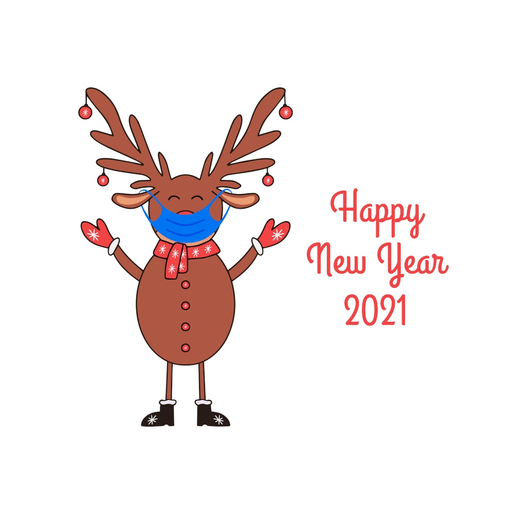 Happy New Year greeting card with cute Deer in medical mask on a white background.. Happy New Year greeting card with cute Deer in medical mask on white background.