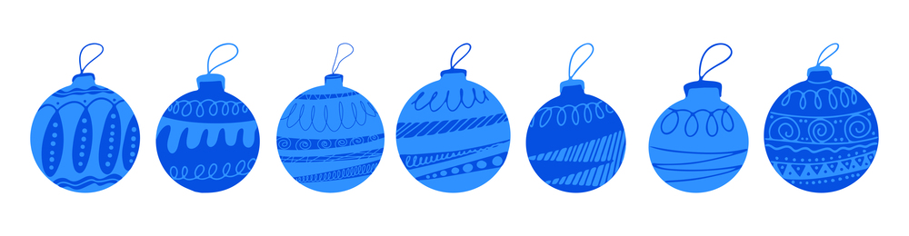 Set of blue hand drawn Christmas tree balls with doodle elements. Isolated on white background.. Set of blue hand drawn Christmas tree balls with doodle elements. Isolated on a white background.