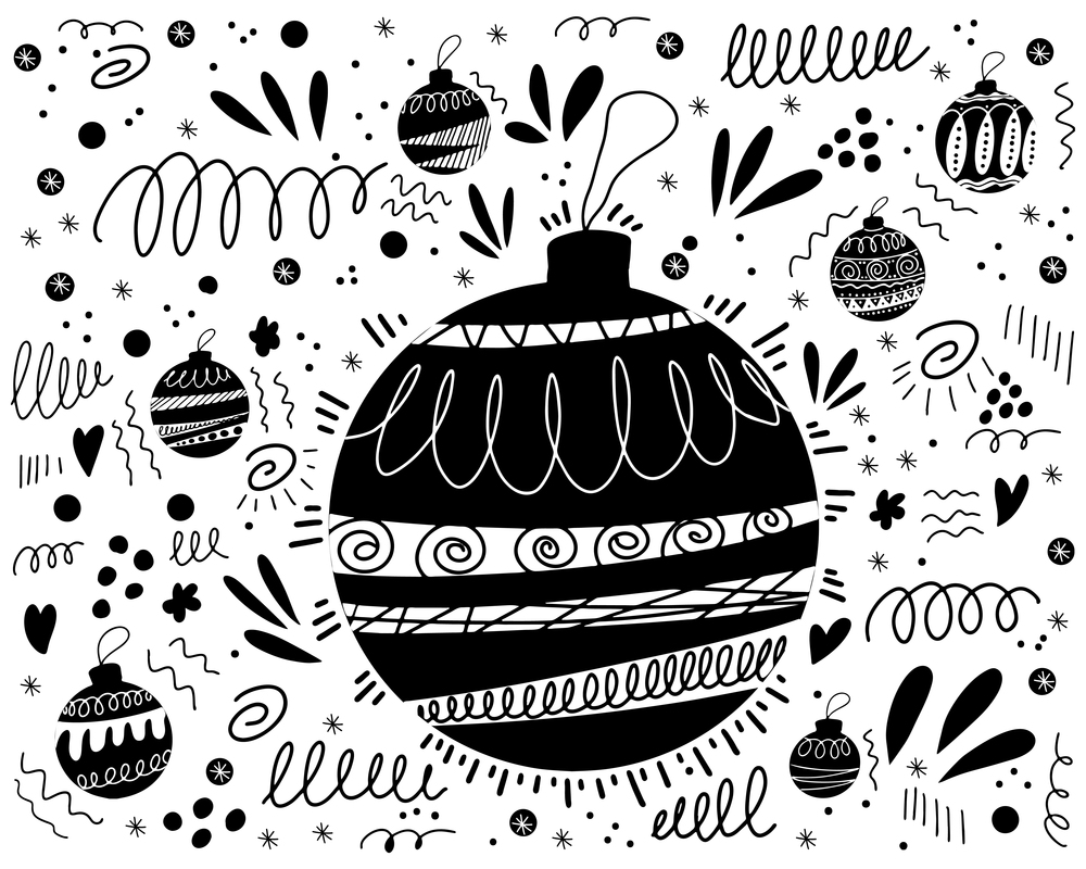 Doodle pattern background with Christmas tree toys and abstract elements. Illustration for prints, greeting cards, fabric. Isolated on white background.. Doodle pattern background with Christmas tree toys and abstract elements. Illustration for prints, greeting cards, fabric. Isolated on a white background.